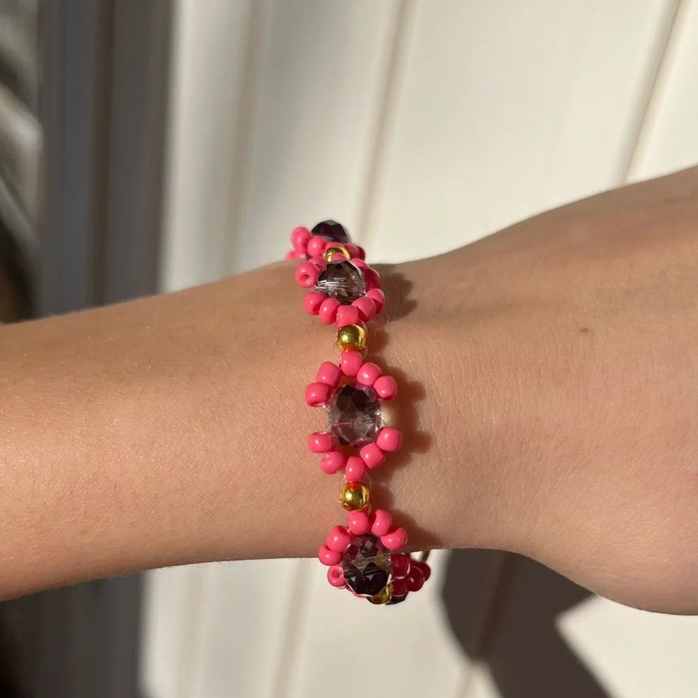 5 for $25 Handmade beaded pink & navy hourglass lobster claw clasp bracelet